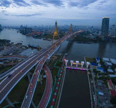 aerial view of bhumibol bridge important landmark and traffic transportation in bangkok thailand