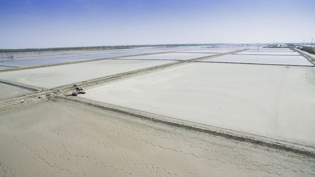 aerial view of agriculture area preparing for producing natural sea salt samuthsongkram thailand