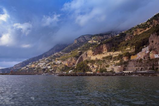 beautiful scenic of home house and hotel on rock cliff in amalfi coast mediterranean sea south italy important traveling destination