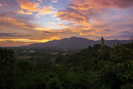 beautiful landscape sun rising sky and buddha pagoda in chonburi eastern thailand