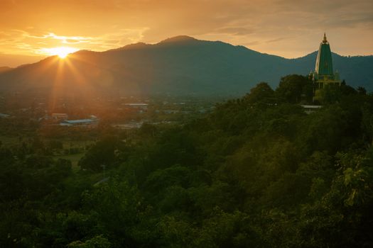 beautiful landscape sun rising sky and buddha pagoda in chonburi eastern thailand