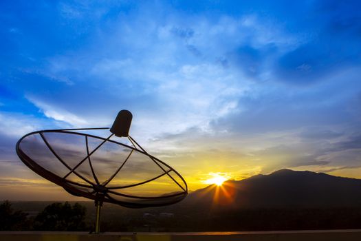 satellite dish and morning light sky for telecom and broadcasting background,backdrop