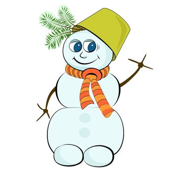 Cheerful snowman with a green bucket on his head