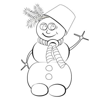 Colorless cheerful snowman with a bucket on his head