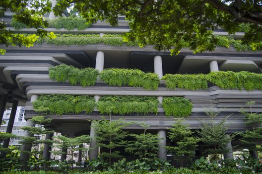 Modern skyscraper wall with green plants terraces