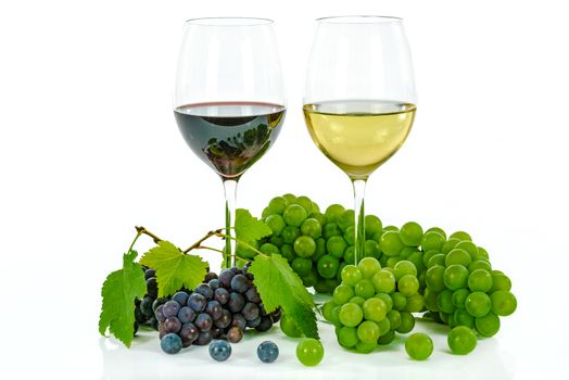 Red and white wine with grapes isolated on a white background