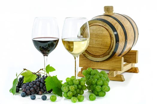 Two types of grape wine and wooden barrel isolated on white background