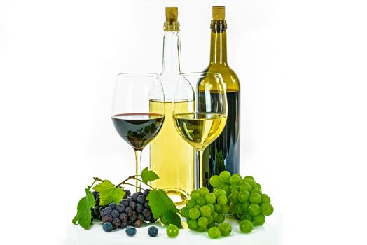 Red and white wine with grapes isolated on a white background