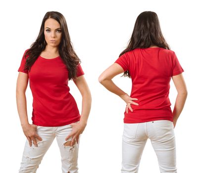 Photo of a woman posing with a blank red t-shirt, ready for your artwork or design.