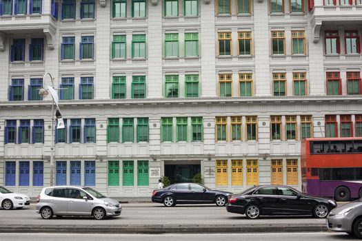 Heritage architecture in Singapore. View of downtown on Cityscape museum with color windows