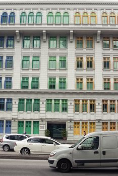 Heritage architecture in Singapore. View of downtown on Cityscape museum with color windows