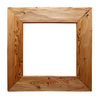Rustic unpainted square wooden picture, window or mirror frame of brushed natural wood isolated on white background, close up