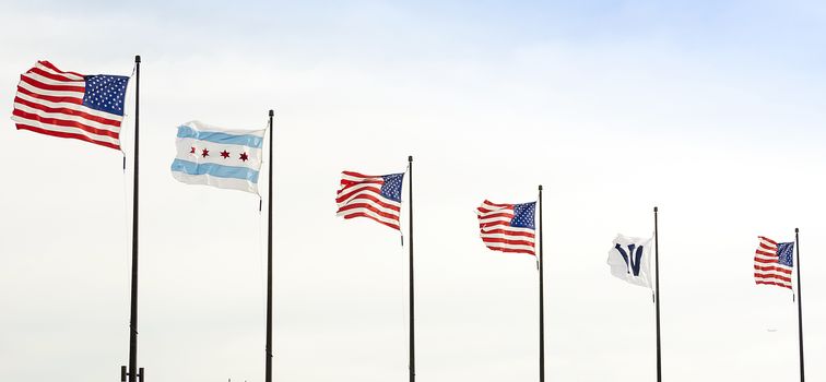 American Flags at Pier of Windy City. Chicago USA.