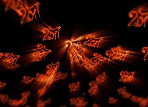 Happy new year 2017 flying digits numbers written with fire flame light on black background.