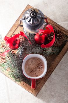 Christmas cocoa in mug on the wooden tray.