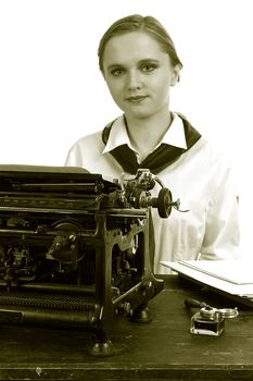 Nice girl for a vintage typewriter in a retro style on a white background