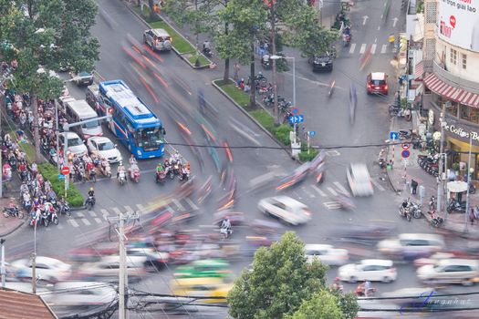 Traffic in rush hour, view from a rooftop of building. Hochiminh is the biggest city in Southern of Vietnam