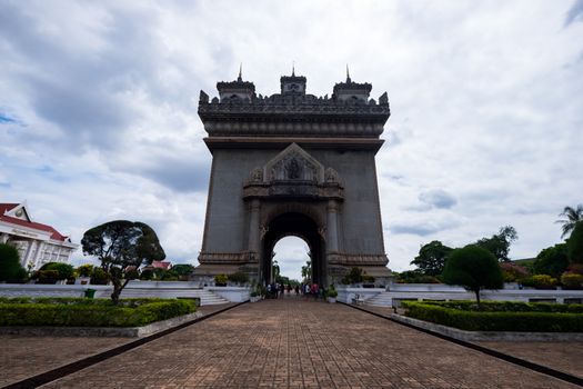 Patuxay monument is dedicated to the deads during the Independance war from France, shot during the blue hour in Vientiane, the capital city of Laos