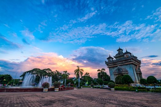 Patuxay monument is dedicated to the deads during the Independance war from France, shot during the blue hour in Vientiane, the capital city of Laos