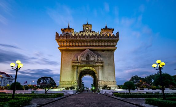 Patuxay monument is dedicated to the deads during the Independance war from France, shot during the blue hour in Vientiane, the capital city of Laos