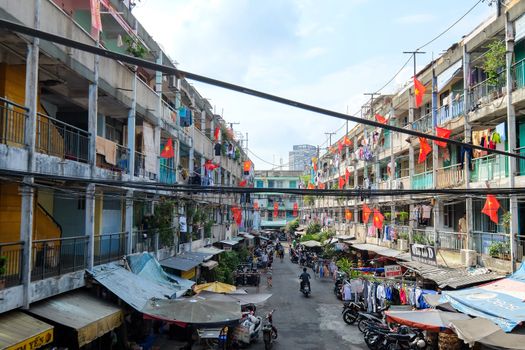 Old apartment with national flag in HO CHI MINH