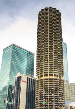 Chicago, Illinois - September 5, 2015: Marina City is a complex of two 60-story towers built in 1964 in Chicago, USA. Apartments, offices, restaurants, banks, theater,18 stories of parking space
