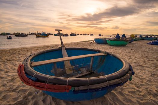 Basket boat in the morning. MUI KE GA, BINH THUAN, VIETNAM