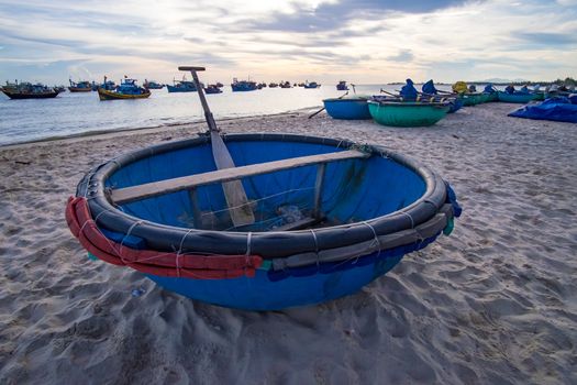 Basket boat in the morning. MUI KE GA, BINH THUAN, VIETNAM