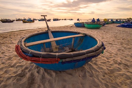 Basket boat in the morning. MUI KE GA, BINH THUAN, VIETNAM