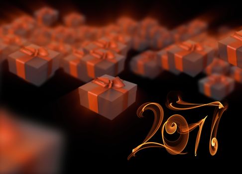 Christmas New Year colorful red and green gift boxes with bows of ribbons flying on black background. 3d illustration and 2017 lettering made of fire flame.