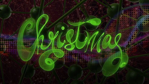 Christmas word lettering written with green fire flame or smoke on molecular hitech network background. 3d illustration.