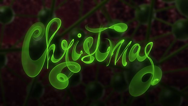 Christmas word lettering written with green fire flame or smoke on molecular hitech network background. 3d illustration.