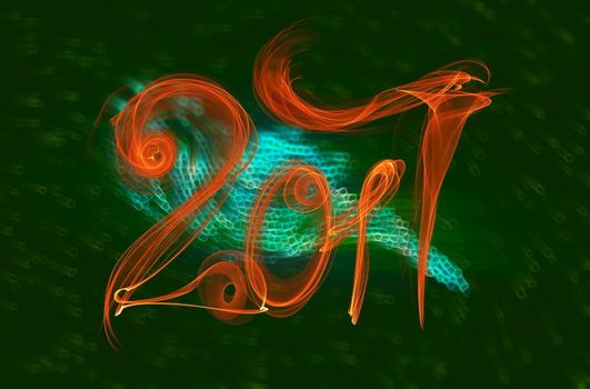 Happy new year 2017 isolated numbers lettering written with fire flame or smoke on green abstract background.