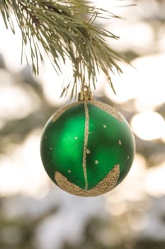 green Christmas ball hanging on winter tree Christmas