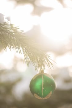 green Christmas ball hanging on winter tree Christmas