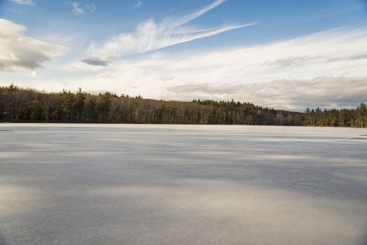 View of an iced lake in New England, USA