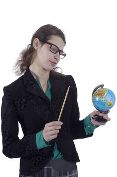 Strict woman teacher with a globe on a white background