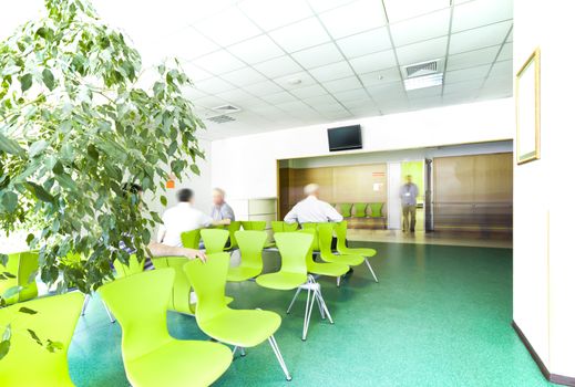 A light big hospital waiting room with a tree, green chairs and a personnel on an open door.