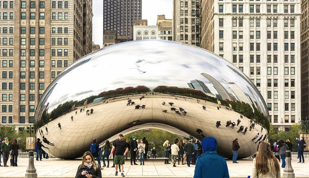 Chicago, IL, USA, october 28, 2016: Cloud Gate, also known as the Bean is one of the parks major attractions. Admission is free.