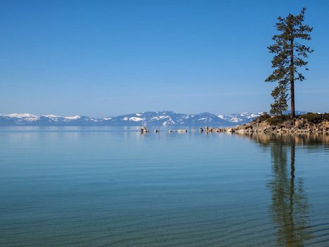 Scenic view of beautiful Lake Tahoe in Spring, landscape of the United States of America, clear water, nice sky, stone island, tree, fresh air and snow mountains