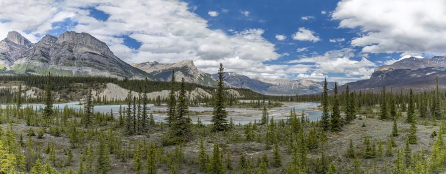 Panorama of the Athabasca River and Rocky Mountains - Jasper National Park, Alberta, Canada