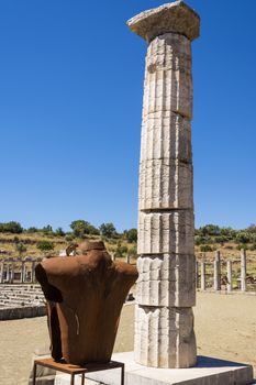 Metallic headless statue in the ancient Greek city of Messinia at Peloponnese, Greece