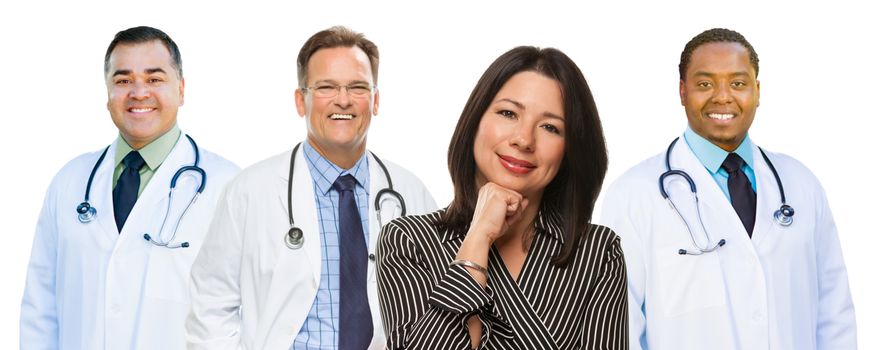 Group of Mixed Race Doctors Behind Hispanic Woman Isolated on a White Background.