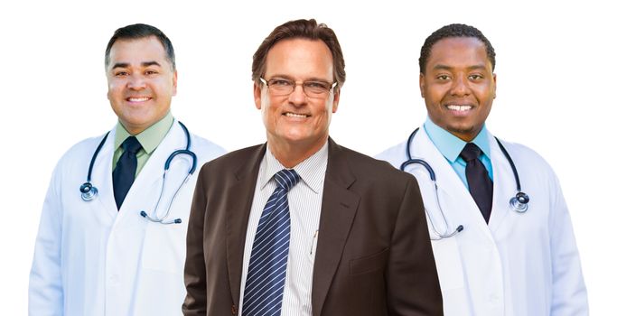 Two Mixed Race Doctors Behind Businessman  Isolated on a White Background.