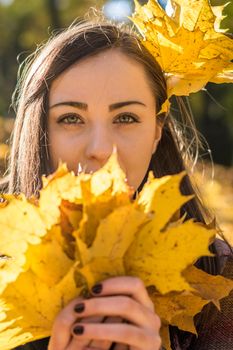 Portrait of a girl in autumn Park which keeps the yellow leaves
