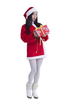 Santa girl with Christmas present on a white background