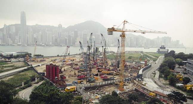 Large-scale construction in the city. View on cityscape