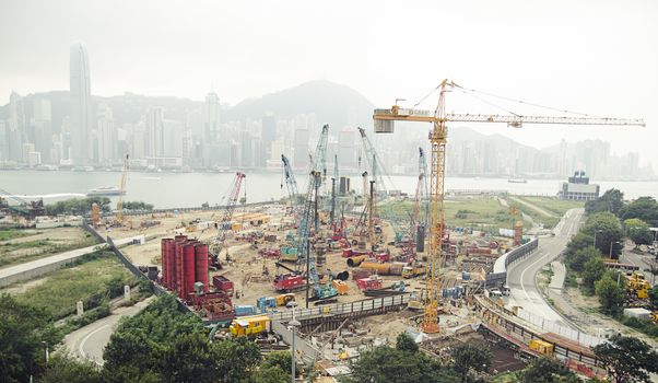 Large-scale construction in the city. View on cityscape