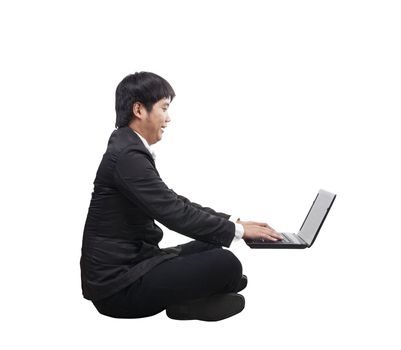 young business man working on computer laptop with happy and funny face isolated white background