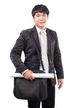 young business man and computer laptop suit bag and handle paper working plan wearing western suit standing and smiling to camera isolated white background